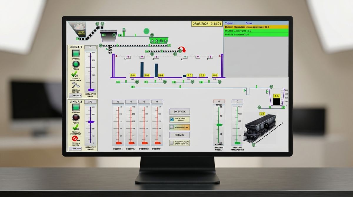 Comex SCADA screen showing Line 1 and Line 2 process mimic diagrams, capacity gauges, dosing bin levels and a live event log at the RMU Kakanj Vrtlište plant