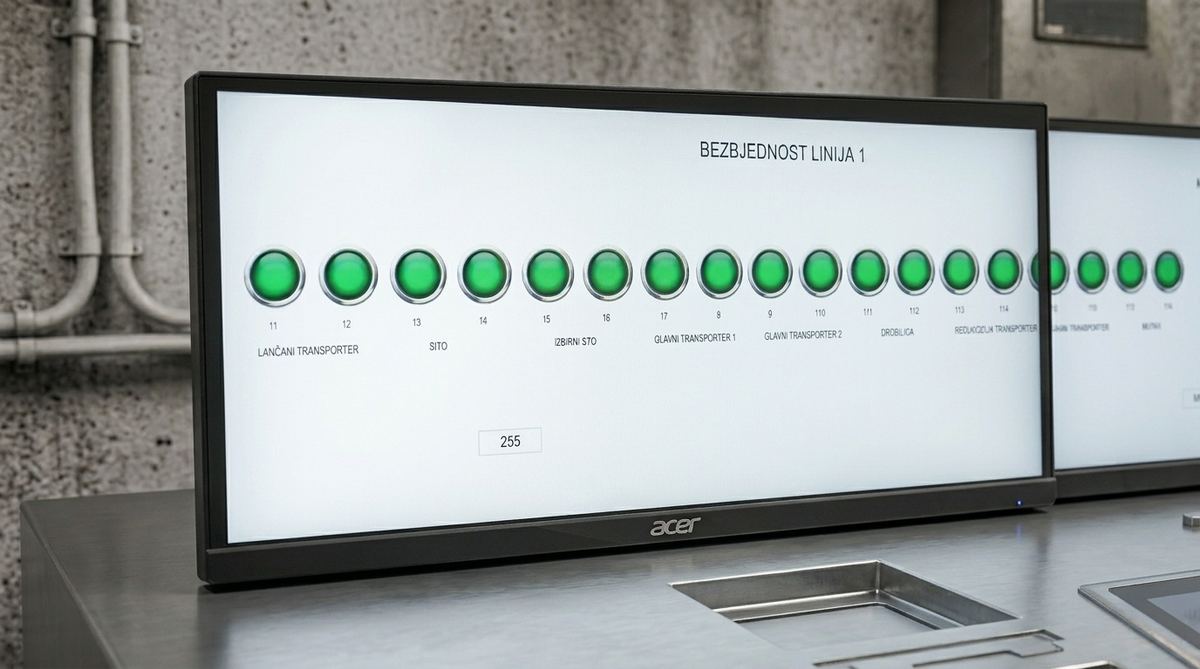 Comex SCADA safety status screen for Line 1, showing green status indicators for each conveyor, screen, crusher and mill