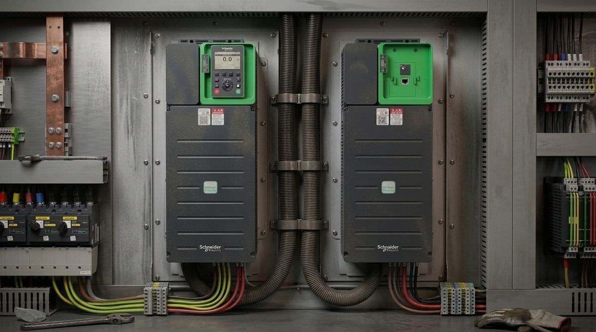 Schneider Electric Altivar variable frequency drives installed in the new motor control panel